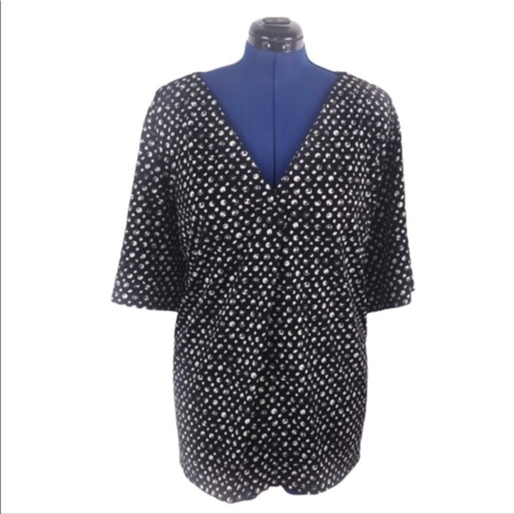 H&M 4X Plus size Black/white abstract dot v neck short kimono sleeve stretch top